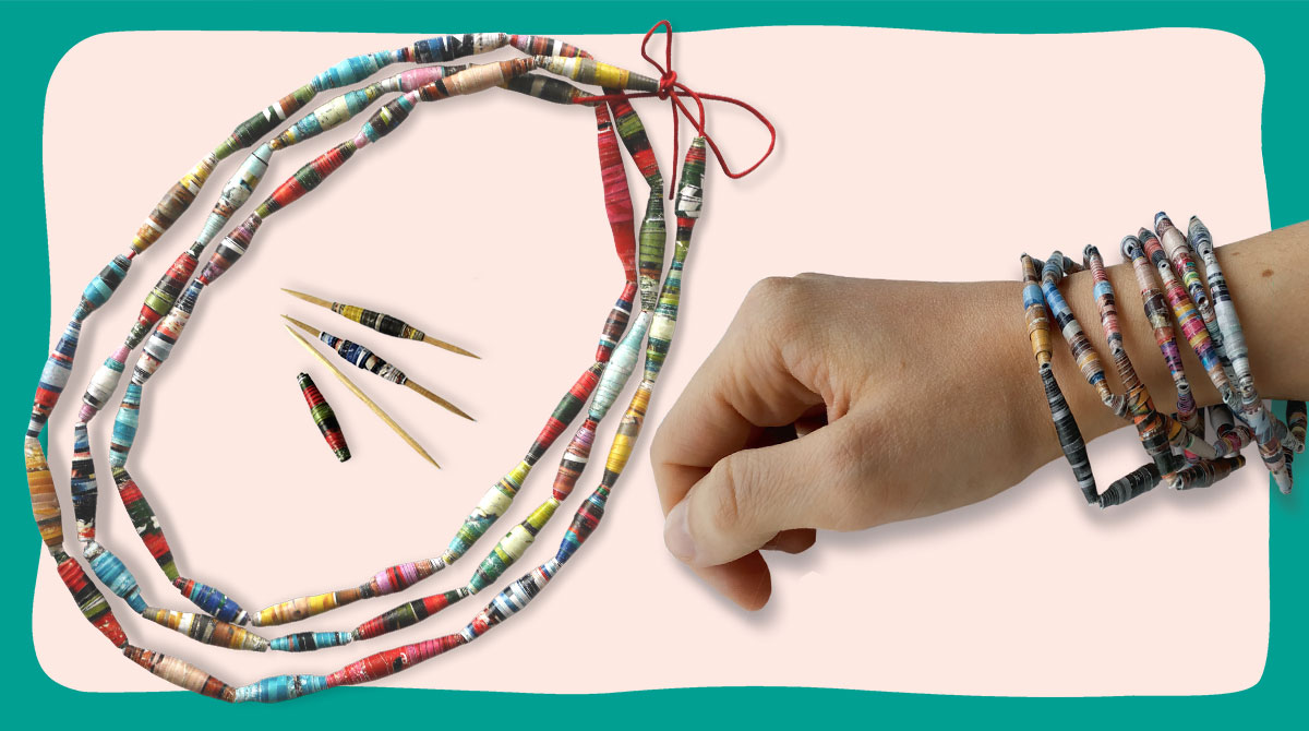 Bracelets et colliers en perles de papier.