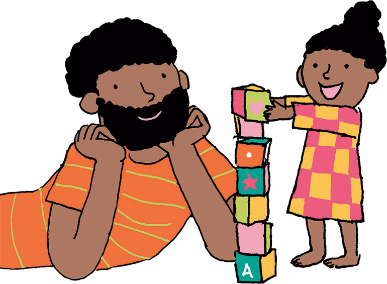 Illustration : un papa regarde sa petite fille jouer avec des cubes.