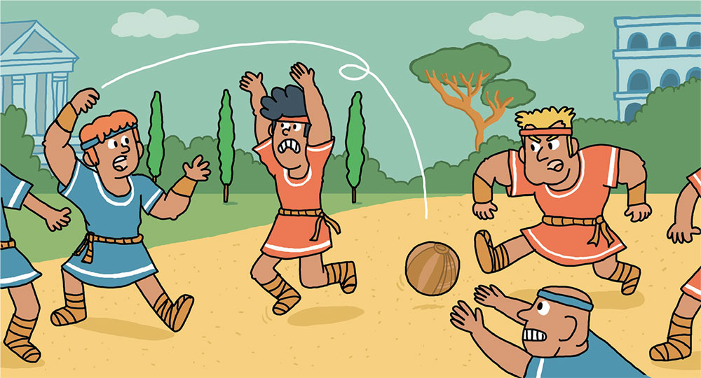 Les Romains, à l'Antiquité, s’affrontaient sur un terrain de sable avec une balle faite de bandes de cuir. Ils tapaient dans cette balle pour qu’elle aille dans le camp adverse. Ce jeu s’appelait l’harpastum.