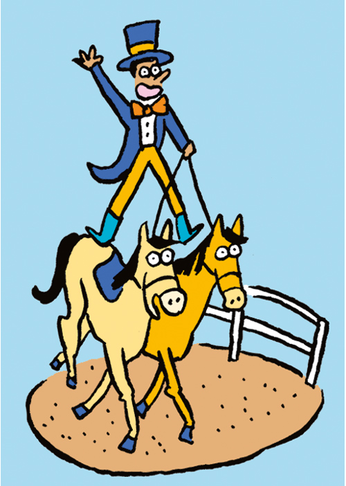 Illustration pour le festival Equestria : un homme debout sur deux chevaux au galop.