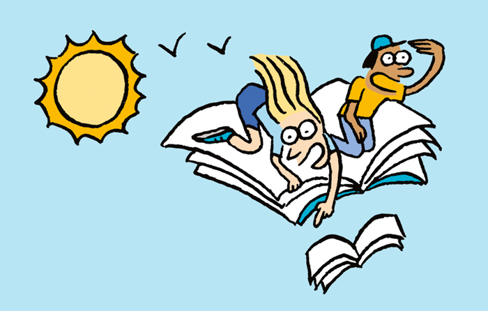 Illustration pour le festival “Partir en livre”. Deux enfants volent sur un livre.