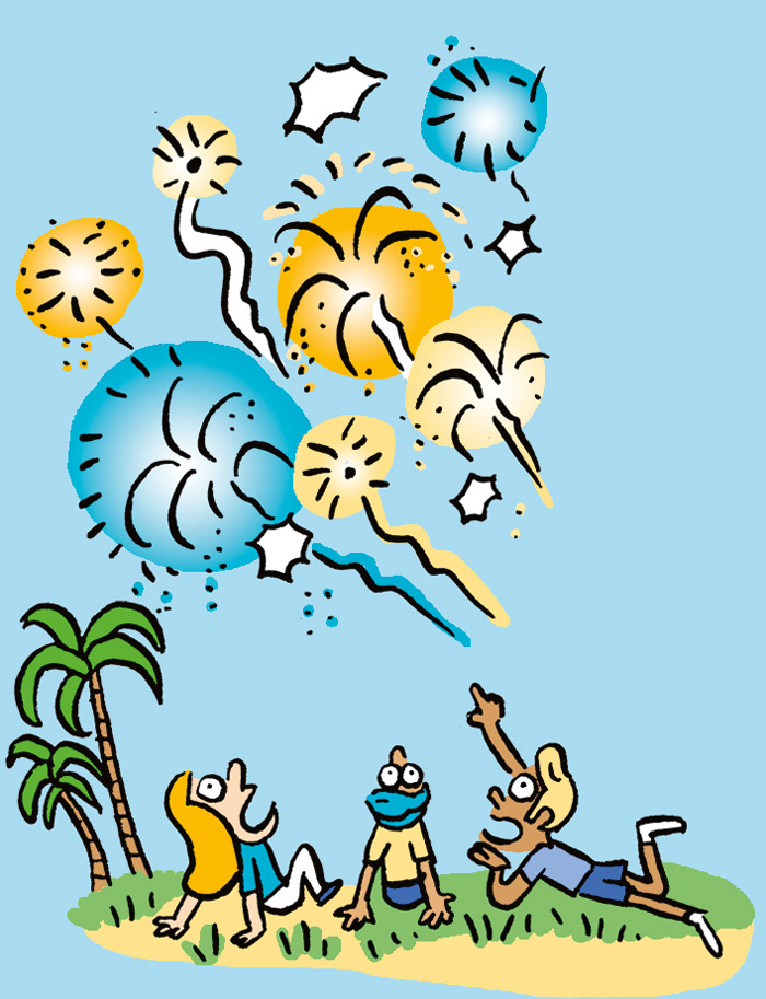 Illustration pour le festival d’art pyrotechnique de Cannes. Des enfants regardent un feu d'artifice.