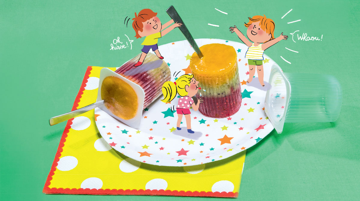 Recette pour les enfants - le goûter de l’été : La glace délice tutti frutti. Extrait du magazine Les Belles Histoires n°547. Recette : Anne Chiumino. Photo : Benoît Teillet. Illustrations : Anne Hemstege.