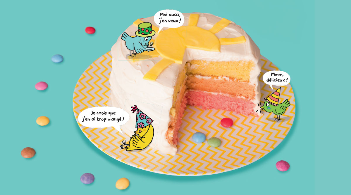 Recette pour les enfants - Un gâteau soleil. Extrait du magazine Les Belles Histoires n° 558. Recette : Anne Chiumino. Photo : Isabelle Franciosa. Textes : Marine Gérald. Illustrations : Isabelle Assémat.