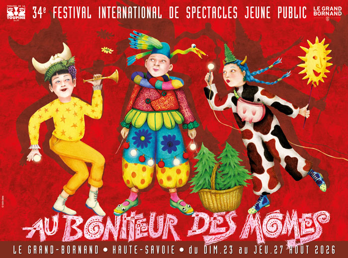 Affiche du festival pour les enfants : Au bonheur des mômes. Au Grand-Bornand du 23 juillet au 27 août 2026.