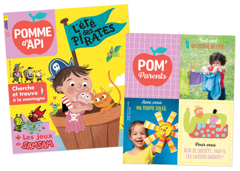 Couverture du magazine Pomme d'Api n°726 (août 2026) et son supplément pour les parents. En kiosque à partir du 22 juin et par abonnement.