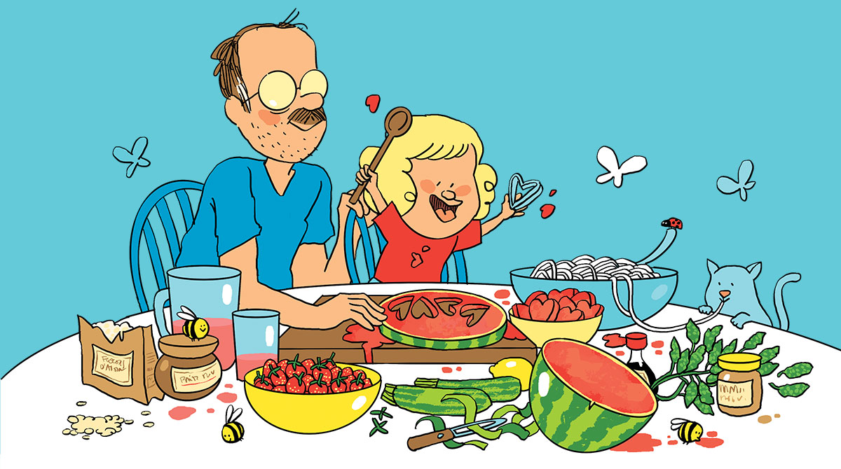 Dessin de Guillaume Long : un père et son jeune enfant préparent 4 recettes pour un repas d'été.