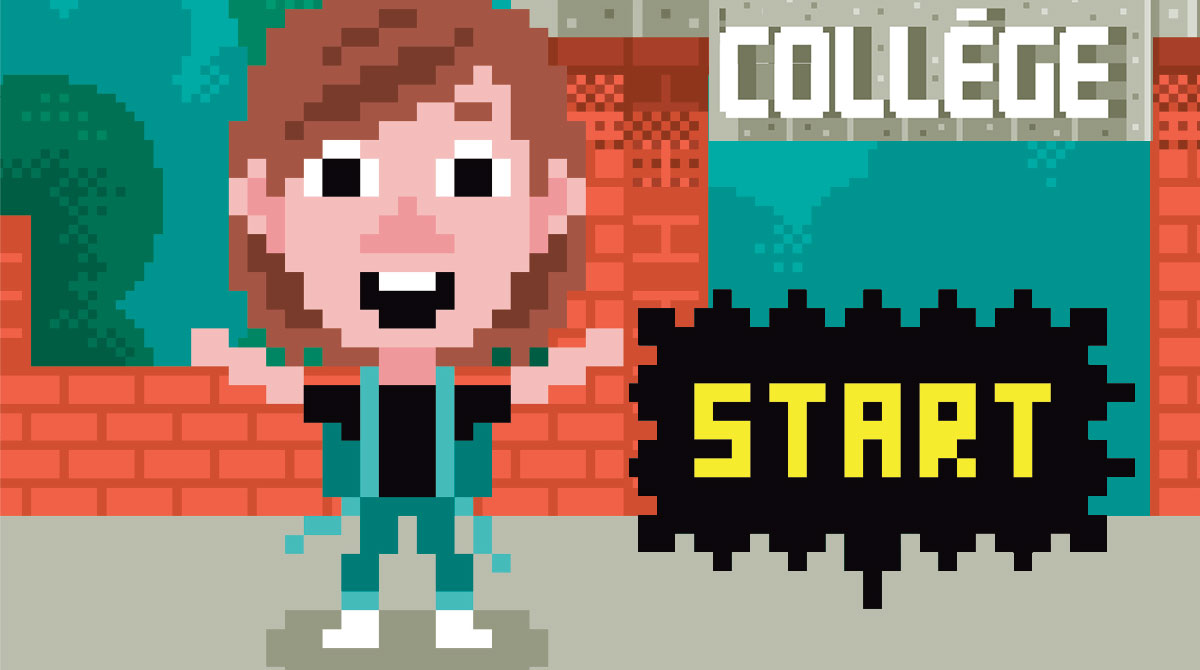 Illustration : La rentrée au collège en mode jeu vidéo. Un élève devant son collège.