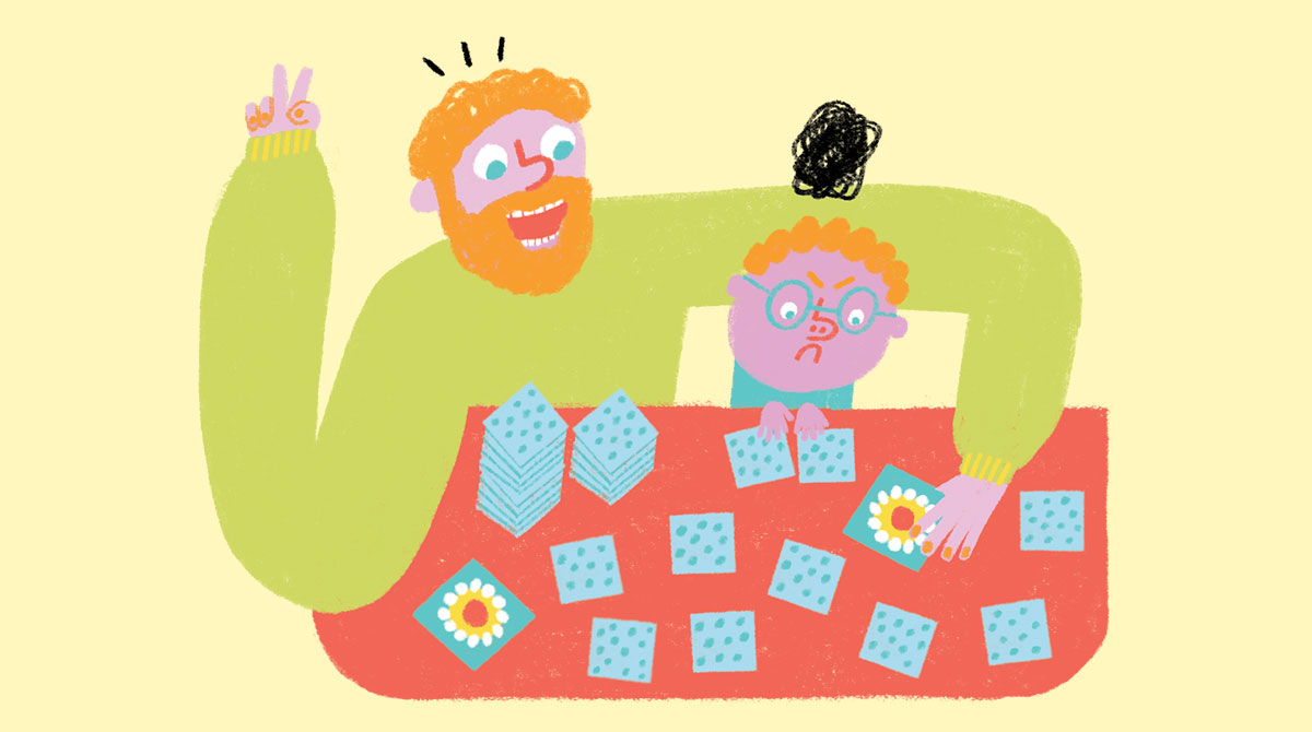Illustration : Un père joue aux cartes avec son fils.