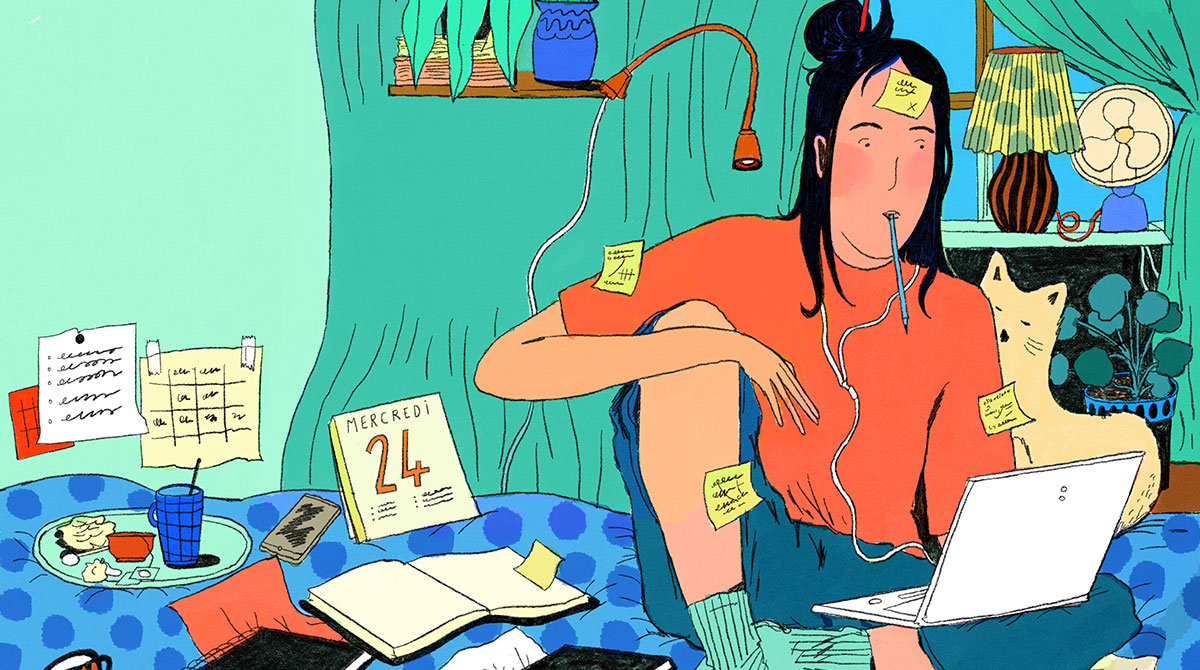 Illustration : une lycéenne travaille assise devant son ordinateur.