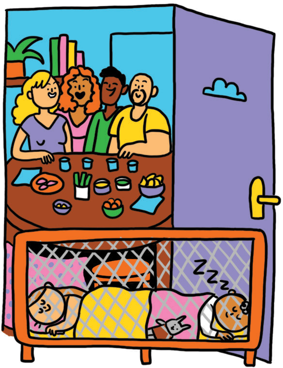 Illustration : soirée entre amis. Leurs tout-petits dorment dans une autre pièce.