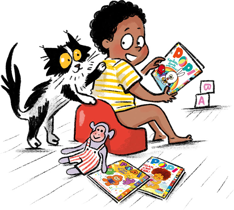Un enfant lit le magazine Popi assis sur son pot.