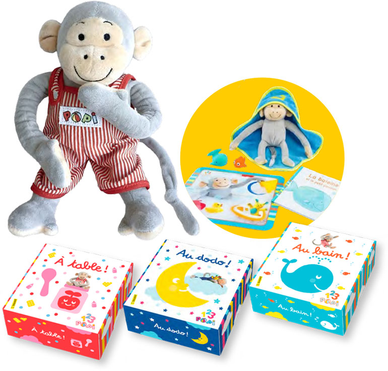 La peluche Popi et la box 1, 2, 3 Popi «À table !», «Au dodo !»,
«Au bain !».
