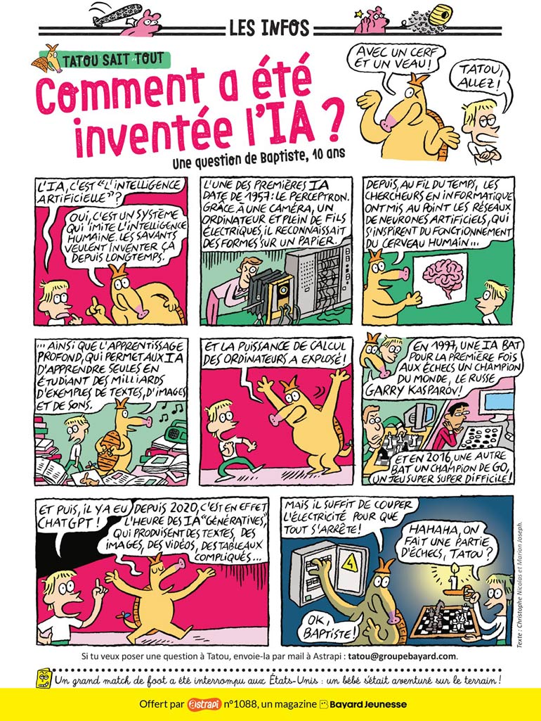 Planche de bande dessinée expliquant aux enfants comment l'intelligence artificielle a été inventée.