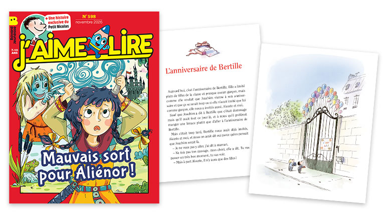 Le grand retour du "Petit Nicolas". Couverture du J'aime lire n°598, novembre 2026 + histoire du Petit Nicolas : "L'anniversaire de Bertille"