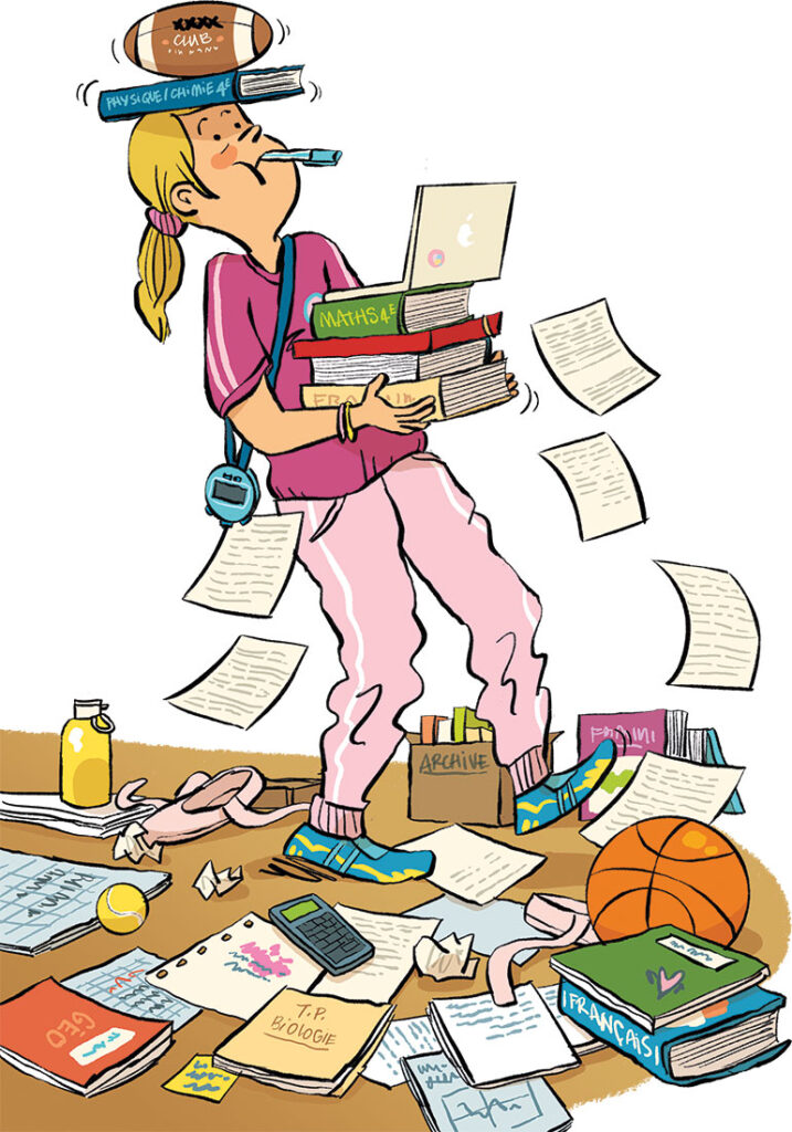 "Trop de devoirs ? Même pas peur !", article extrait du magazine Okapi n° 1252, 15 octobre 2026. Illustrations : Guillaume Long.