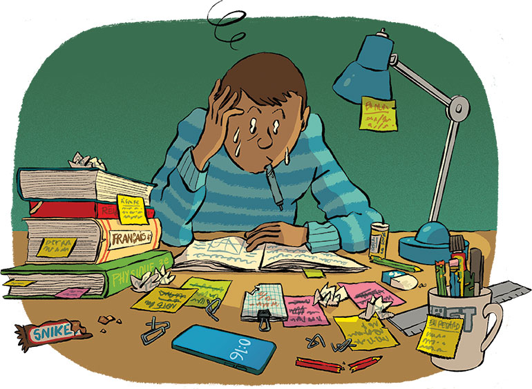 "Trop de devoirs ? Même pas peur !", article extrait du magazine Okapi n° 1252, 15 octobre 2026. Illustrations : Guillaume Long.